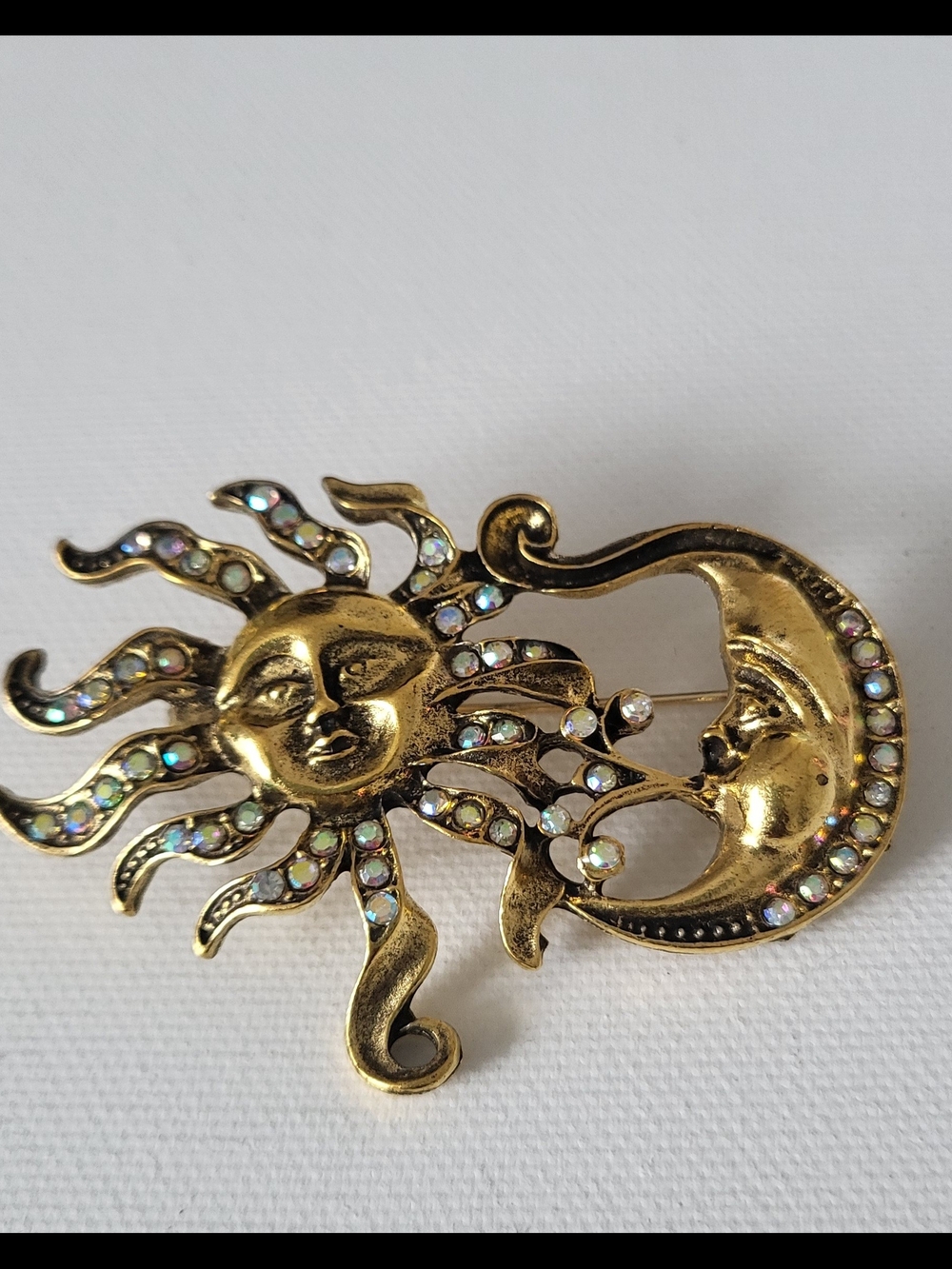 Goldtone Sun and Moon Rhinestone Brooch